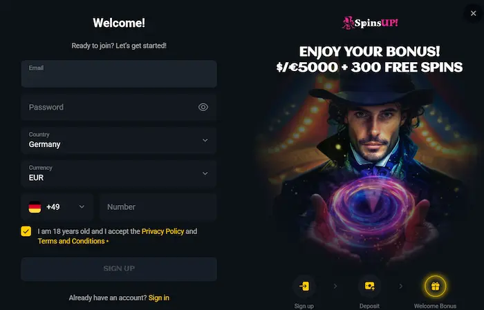 SpinsUp Casino Australia signup